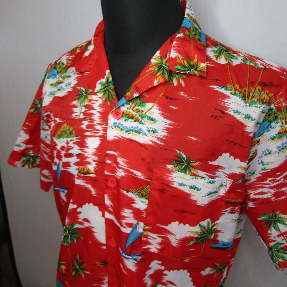 Vintage Islander Mens Red Hawaiian Aloha Shirt Tropical Palm Tree Beach L 70's